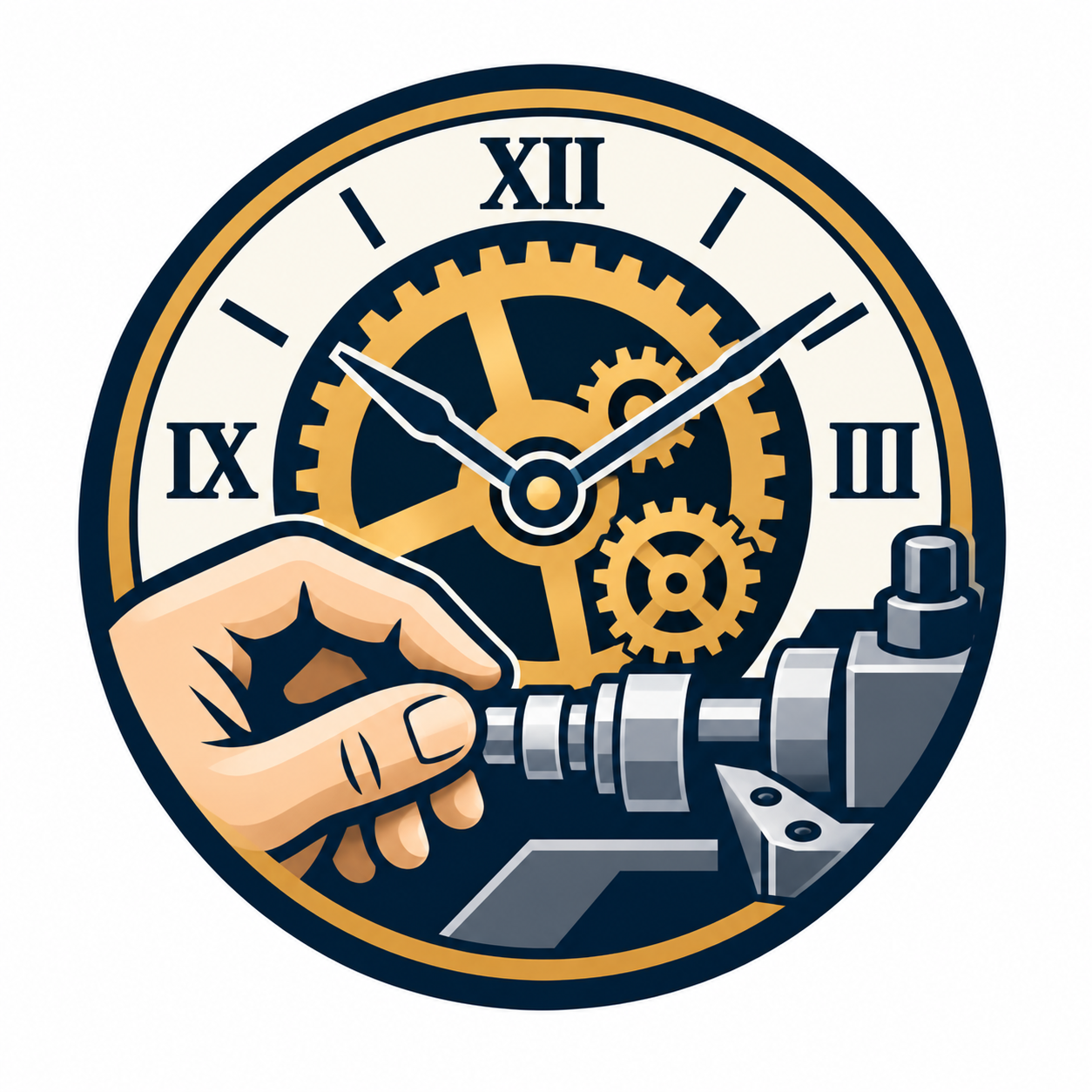 Logo cloqueworx, klokkendraaier. Combinatie van klok en draaibank.
